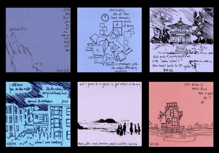 A collage of six hand-drawn sticky notes: sketches include a hand with raised fingers, scattered papers and a clock, a house, buildings with people, a shoreline group, and a quirky house on stilts, each with handwritten text.