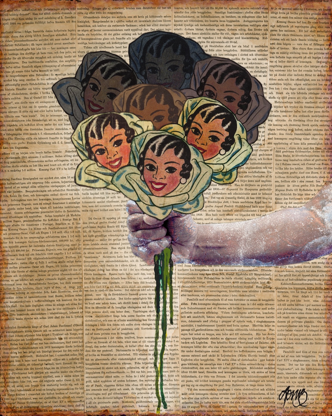 A painted hand holds a bouquet of flowers with cartoon female faces as petals, set against a background of aged book pages. Green paint drips from the stems, and the image is signed in the lower right corner.