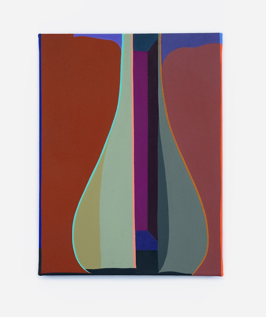 Abstract painting featuring a vase-like shape in muted green and teal tones centered against a background of geometric blocks in shades of red, purple, blue, and brown on a square canvas.