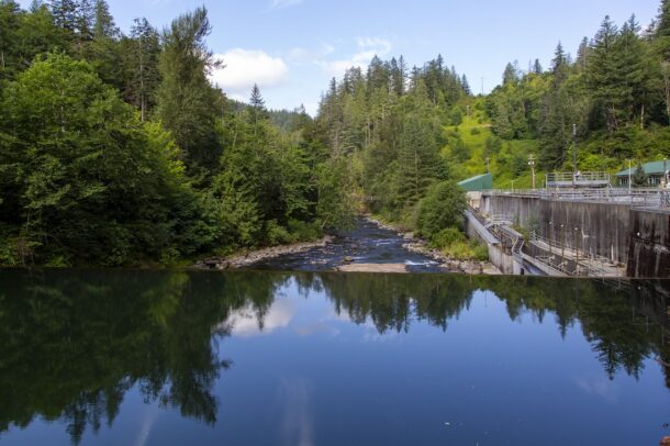 A river flows through a forest with tall trees, reflected in calm water. To the right, a concrete dam structure with railings is visible, under a blue sky with scattered clouds.