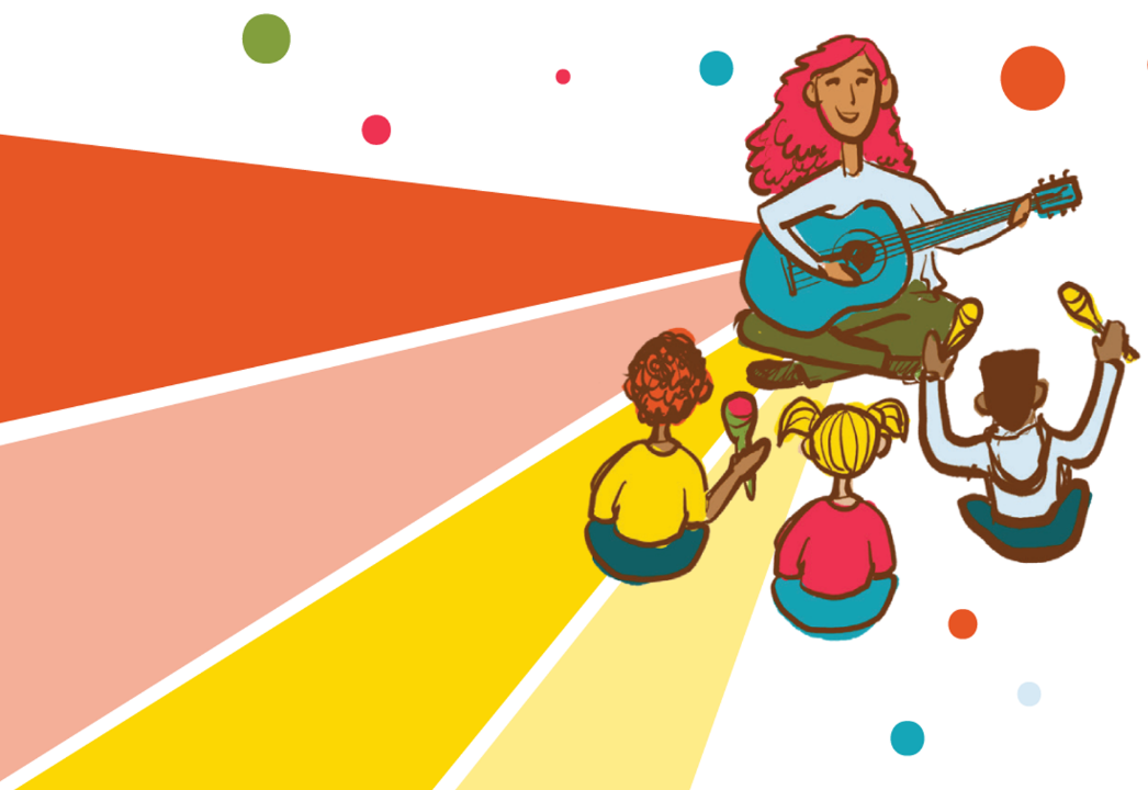 An illustrated woman with pink hair plays guitar and sings to three children sitting on the floor, each holding musical instruments, with colorful rays and dots in the background.