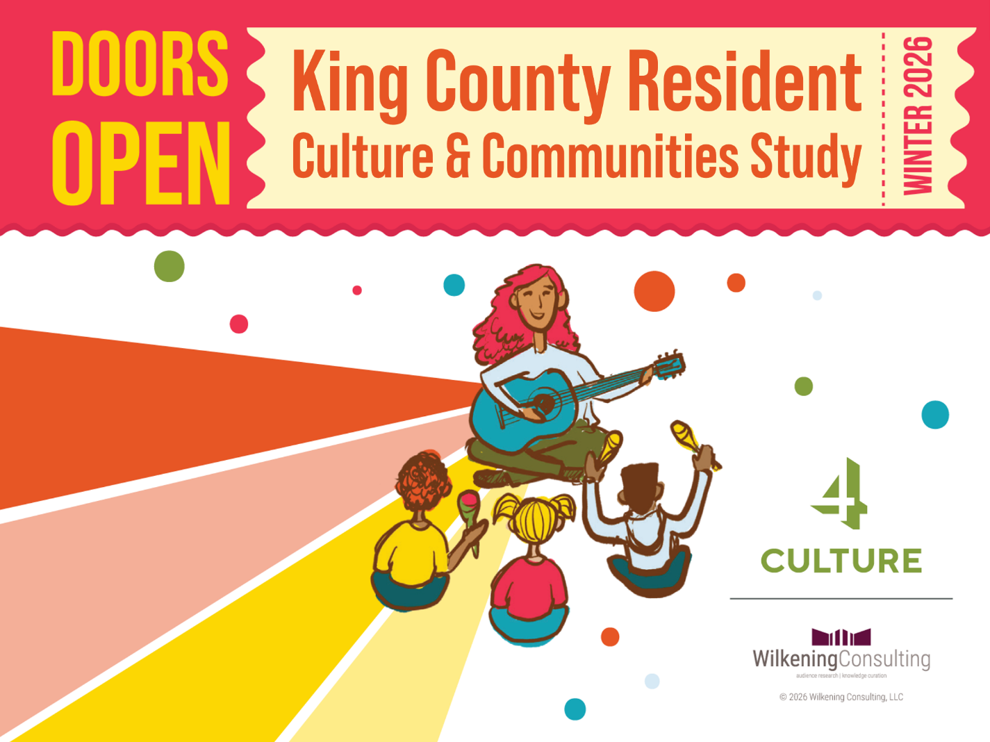 Colorful graphic showing DOORS OPEN King County Resident Culture & Communities Study WINTER 2026 with an illustration of a person playing guitar and children listening or playing instruments. Logos: 4Culture and Wilkening Consulting.