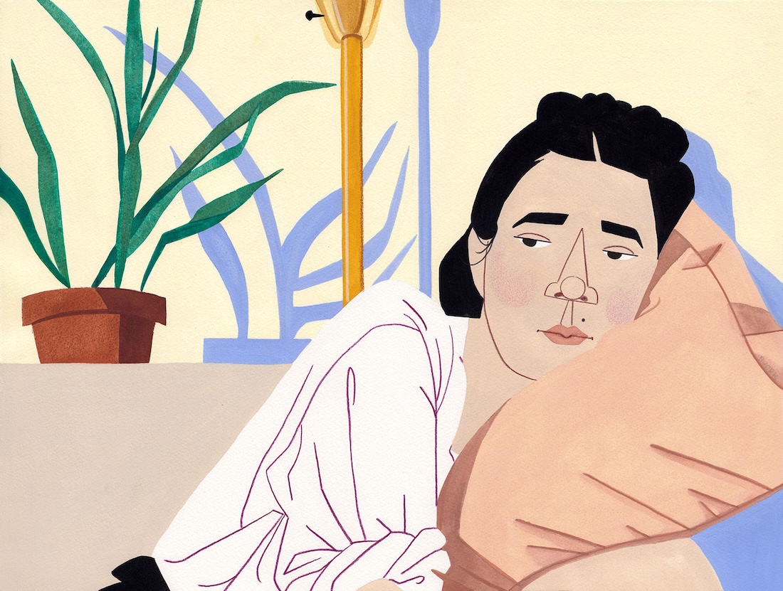 An illustration of a person with dark hair resting their head on a peach pillow, looking thoughtful. Theres a potted plant and a lamp in the background with pastel blue and yellow tones.