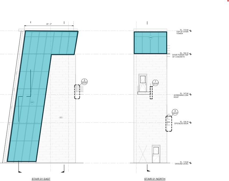 Architectural elevation drawing showing two views of a buildings stair tower with a prominent blue glass facade, labeled Stair 01 East and Stair 01 North, and annotated structural details.